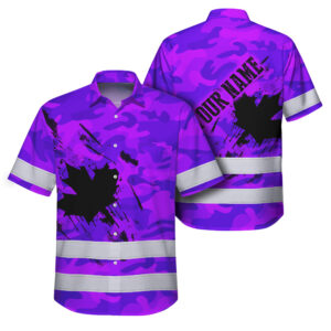 Hi Vis Hawaiian Shirt Reflective Tapes Violet Neon Camo Canada Flag Custom Name Safety Workwear For Workers, Truckers, Operators, Canadian