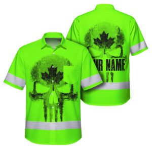 Hi Vis Hawaiian Shirt Reflective Tapes Green Skull CA Flag Custom Name Safety Workwear For Workers, Truckers, Operators, Canadian