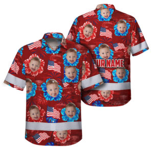 Hi Vis Hawaiian Shirt Reflective Tapes US Flag Red Custom Name And Image Safety Workwear For Workers, Truckers, Operators
