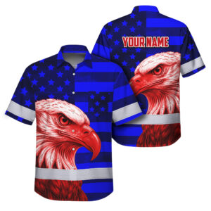 Hi Vis Hawaiian Shirt Reflective Tapes US Flag Eagle Custom Name Safety Workwear For Workers, Truckers, Operators