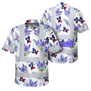 Hi Vis Hawaiian Shirt Reflective Tapes Texas 2 Custom Name Safety Workwear For Mechanics, Workers, Truckers, Operators