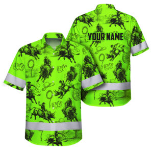 Hi Vis Hawaiian Shirt Reflective Tapes Green Neon Cowboy Custom Name Safety Workwear For Mechanics, Workers, Truckers, Operators
