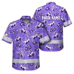 Hi Vis Hawaiian Shirt Reflective Tapes Violet Neon Cowboy Custom Name Safety Workwear For Mechanics, Workers, Truckers, Operators