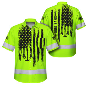 Hi Vis Hawaiian Shirt Reflective Tapes Lime Neon Mechanic 2 Custom Name Safety Workwear For Mechanists, Workers, Truckers, Operators