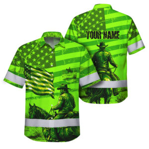 Hi Vis Hawaiian Shirt Reflective Tapes Green Neon US Cowboy Custom Name Safety Workwear For Mechanics, Workers, Truckers, Operators