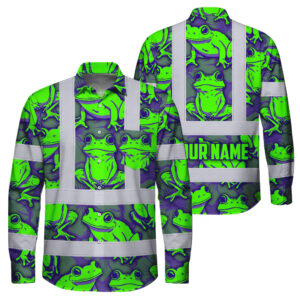 Hi Vis Hawaiian Long Sleeve Shirt Reflective Tapes Green Neon Violet Frog Custom Name Safety Workwear For Workers, Truckers, Operators