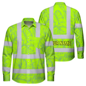 Hi Vis Hawaiian Long Sleeve Shirt Reflective Tapes Green Neon Flowers Custom Name Safety Workwear For Workers, Truckers, Operators