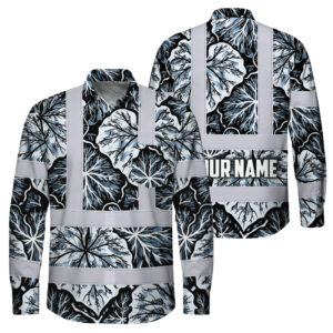 Hi Vis Hawaiian Long Sleeve Shirt Reflective Tapes Black Grey Flowers Custom Name Safety Workwear For Workers, Truckers, Operators