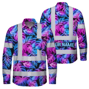 Hi Vis Hawaiian Long Sleeve Shirt Reflective Tapes Gradient Blue Violet Custom Name Safety Workwear For Workers, Truckers, Operators