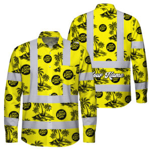 Hi Vis Hawaiian Long Sleeve Shirt Reflective Tapes Yellow Neon And Black Flowers Custom Name And Logo Safety Workwear For Workers, Truckers, Operators, Company