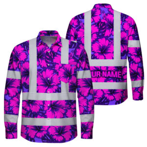 Hi Vis Hawaiian Long Sleeve Shirt Reflective Tapes Violet Neon And Pink Flowers Custom Name Safety Workwear For Workers, Truckers, Operators