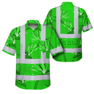 Hi Vis Hawaiian Shirt Reflective Tapes Green Neon Flowers Custom Name Safety Workwear For Workers, Truckers, Operators