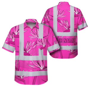 Hi Vis Hawaiian Shirt Reflective Tapes Pink Neon Flowers Custom Name Safety Workwear For Workers, Truckers, Operators