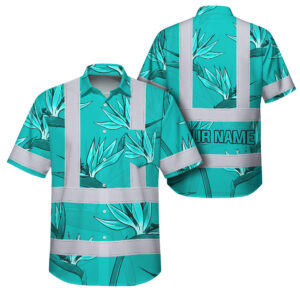 Hi Vis Hawaiian Shirt Reflective Tapes Blue Flowers Custom Name Safety Workwear For Workers, Truckers, Operators