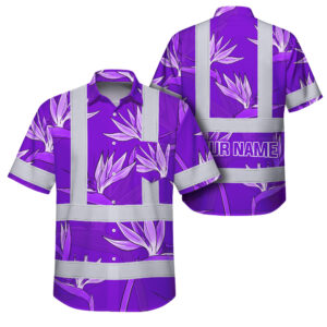 Hi Vis Hawaiian Shirt Reflective Tapes Violet Neon Flowers Custom Name Safety Workwear For Workers, Truckers, Operators