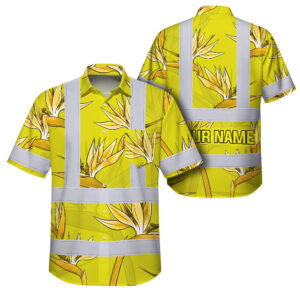 Hi Vis Hawaiian Shirt Reflective Tapes Yellow Neon Flowers Custom Name Safety Workwear For Workers, Truckers, Operators