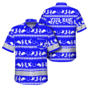 Hi Vis Hawaiian Shirt Reflective Tapes Blue Neon White Cowboy Custom Name Safety Workwear For Mechanics, Workers, Truckers, Operators