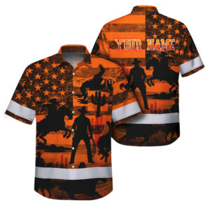 Hi Vis Hawaiian Shirt Reflective Tapes Orange Neon Cowboy Custom Name Safety Workwear For Mechanics, Workers, Truckers, Operators