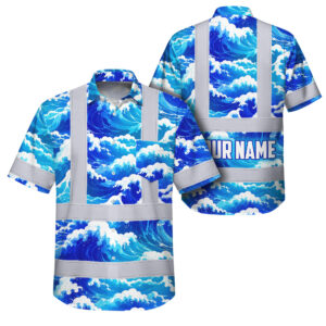 Hi Vis Hawaiian Shirt Reflective Tapes Gradient Blue Waves Sea Pattern Custom Name Safety Workwear For Mechanics, Workers, Truckers, Operators