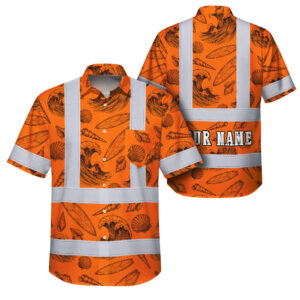 Hi Vis Hawaiian Shirt Reflective Tapes Orange Neon Waves Sea Pattern Custom Name Safety Workwear For Mechanics, Workers, Truckers, Operators