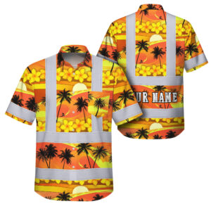 Hi Vis Hawaiian Shirt Reflective Tapes Gradient Orange Yellow Neon Waves Sea Pattern Custom Name Safety Workwear For Mechanics, Workers, Truckers, Operators