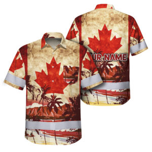Hi Vis Hawaiian Shirt Reflective Tapes Red Canada Flag Tree Custom Name Safety Workwear For Mechanics, Workers, Truckers, Operators