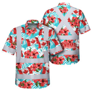 Hi Vis Hawaiian Shirt Reflective Tapes Red Canada Flag Flower 2 Custom Name Safety Workwear For Mechanics, Workers, Truckers, Operators