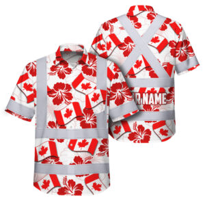 Hi Vis Hawaiian Shirt Reflective Tapes Red Canada Flag Flower 3 Custom Name Safety Workwear For Mechanics, Workers, Truckers, Operators