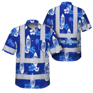Hi Vis Hawaiian Shirt Reflective Tapes Blue Surfboard Flower Sea Pattern Custom Name Safety Workwear For Mechanics, Workers, Truckers, Operators