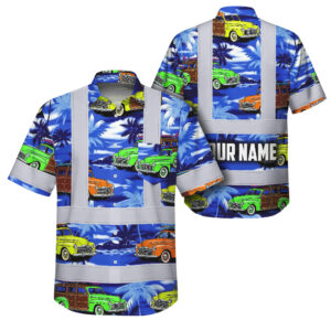 Hi Vis Hawaiian Shirt Reflective Tapes Blue Car Tree Sea Pattern Custom Name Safety Workwear For Mechanics, Workers, Truckers, Operators