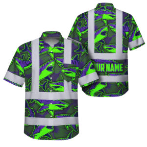 Hi Vis Hawaiian Shirt Reflective Tapes Green Violet Shark Sea Pattern Custom Name Safety Workwear For Mechanics, Workers, Truckers, Operators