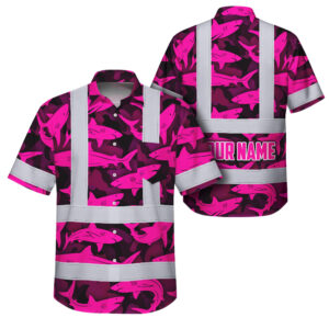 Hi Vis Hawaiian Shirt Reflective Tapes Pink Camo Shark Sea Pattern Custom Name Safety Workwear For Mechanics, Workers, Truckers, Operators