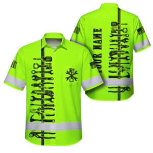 Hi Vis Hawaiian Shirt Reflective Tapes Lime Neon Mechanic Custom Name Safety Workwear For Mechanists, Workers, Truckers, Operators