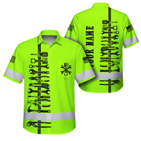 Hi Vis Hawaiian Shirt Reflective Tapes Lime Neon Mechanic Custom Name Safety Workwear For Mechanists, Workers, Truckers, Operators 1