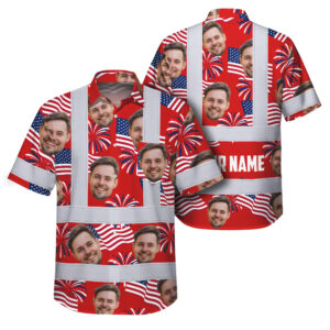 Hi Vis Hawaiian Shirt Reflective Tapes US Flag Blue Red 3 Custom Name And Image Safety Workwear For Workers, Truckers, Operators