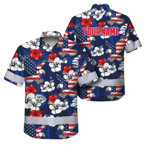 Hi Vis Hawaiian Shirt Reflective Tapes Eagle US Flag Flower Custom Name Safety Workwear For Workers, Truckers, Operators, Independence