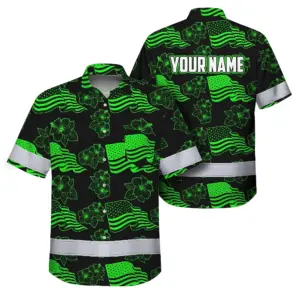 Hi Vis Hawaiian Shirt Reflective Tapes Green Neon US Flag Flower Custom Name Safety Workwear For Workers, Truckers, Operators, Independence