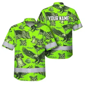 Hi Vis Hawaiian Shirt Reflective Tapes Lime Neon US Flag Flower Custom Name Safety Workwear For Workers, Truckers, Operators, Independence