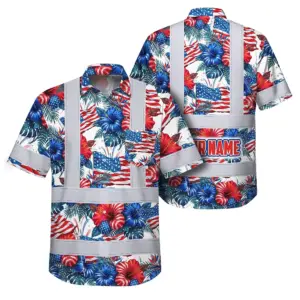 Hi Vis Hawaiian Shirt Reflective Tapes US Flag Blue And Red Custom Name Safety Workwear For Workers, Truckers, Operators, Independence