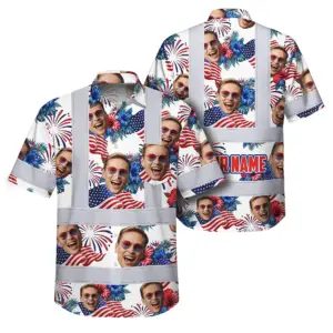 Hi Vis Hawaiian Shirt Reflective Tapes US Flag Blue Red Custom Name And Image Safety Workwear For Workers, Truckers, Operators, Independence