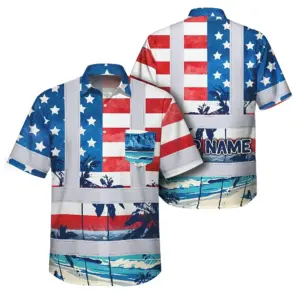 Hi Vis Hawaiian Shirt Reflective Tapes US Flag Blue Red Tree Custom Name Safety Workwear For Workers, Truckers, Operators, Independence