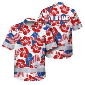 Hi Vis Hawaiian Shirt Reflective Tapes US Flag Flower Custom Name Safety Workwear For Workers, Truckers, Operators, Independence