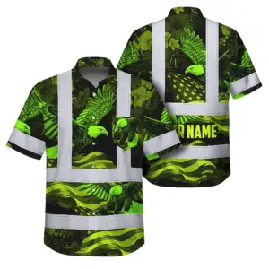 Hi Vis Hawaiian Shirt Reflective Tapes US Flag Lime Neon Eagle Custom Name Safety Workwear For Workers, Truckers, Operators, Independence