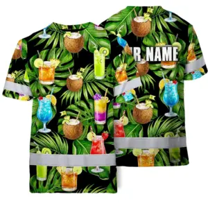 Hi Vis T Shirt Reflective Tapes Green Flower Drink Tropical Custom Name Safety Workwear For Workers, Truckers, Operators