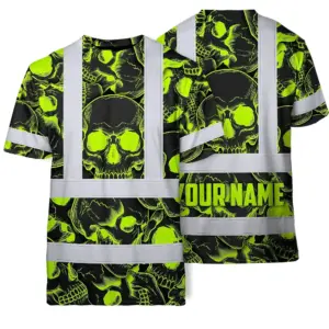 Hi Vis T Shirt Reflective Tapes Green Neon Black Skull Custom Name Safety Workwear For Workers, Truckers, Operators