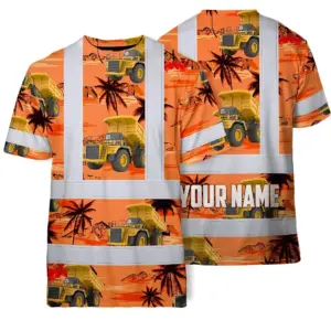 Hi Vis T Shirt Reflective Tapes Orange Neon Dump Truck Custom Name Safety Workwear For Workers, Truckers, Operators