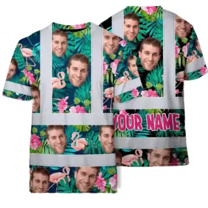 Hi Vis T Shirt Reflective Tapes Pink And Green 2 Custom Name And Photo Safety Workwear For Workers, Truckers, Operators