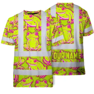 Hi Vis T Shirt Reflective Tapes Pink And Lime Neon Frog Custom Name Safety Workwear For Workers, Truckers, Operators
