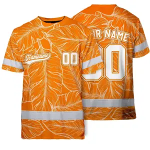 Hi Vis Team T Shirt Reflective Tapes Orange Leaf Custom Name And Number Safety Workwear For Baseball Team Workers, Truckers, Operators
