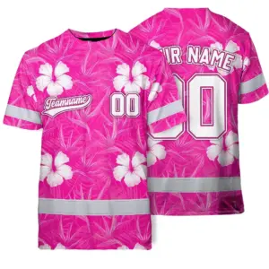Hi Vis Team T Shirt Reflective Tapes Pink White Flower Custom Name And Number Safety Workwear For Baseball Team Workers, Truckers, Operators